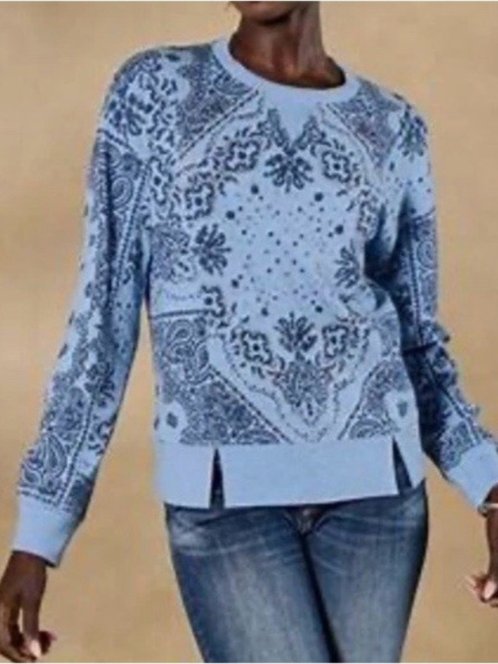 SUNDANCE Maebelle Bandana Print Embroidered Sweatshirt Blue XL Western Boho